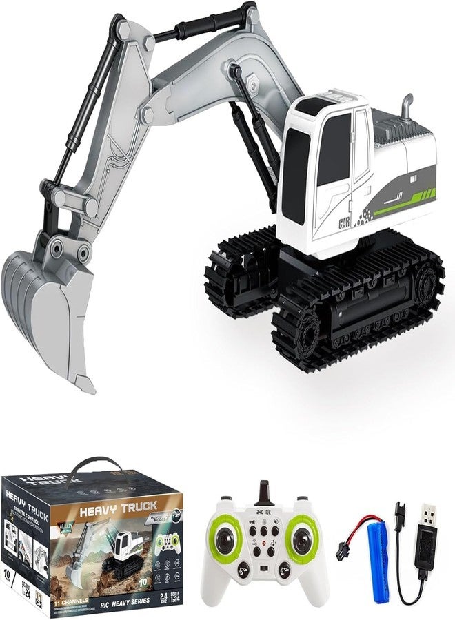 RABJET Remote Control Excavator Toy, 11 Channel Rc Excavator Truck Toys Metal Shovel, 1/24 Remote Control Construction Vehicleswith Light Sound, Digger Truck Gift for Kids - Image 1